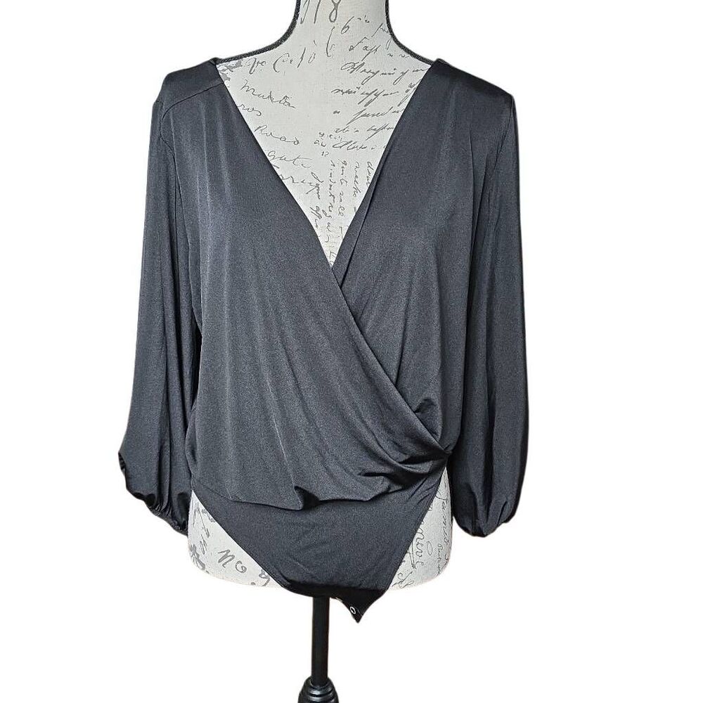 Express Women's Size Large Black Surplice Deep V Blouson Long Sleeve Bodysuit